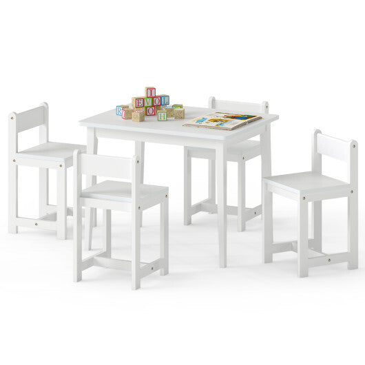 5-Piece Kids Table and Chairs Set Solid Rubber Wood Toddler Activity Table-White W2B