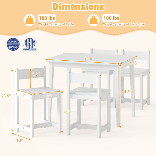 5-Piece Kids Table and Chairs Set Solid Rubber Wood Toddler Activity Table-White W2B