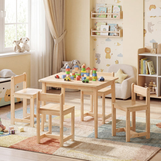 5-Piece Kids Table and Chairs Set Solid Rubber Wood Toddler Activity Table-White W2B
