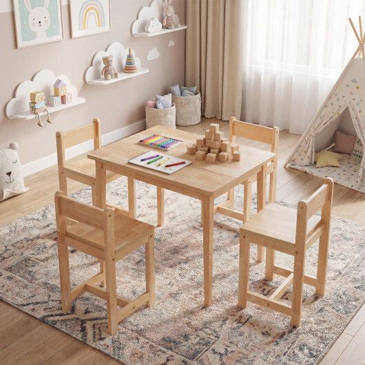 5-Piece Kids Table and Chairs Set Solid Rubber Wood Toddler Activity Table-White W2B