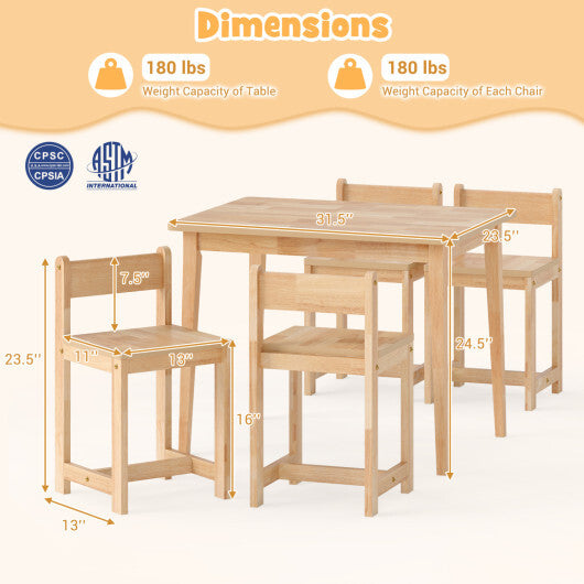 5-Piece Kids Table and Chairs Set Solid Rubber Wood Toddler Activity Table-White W2B