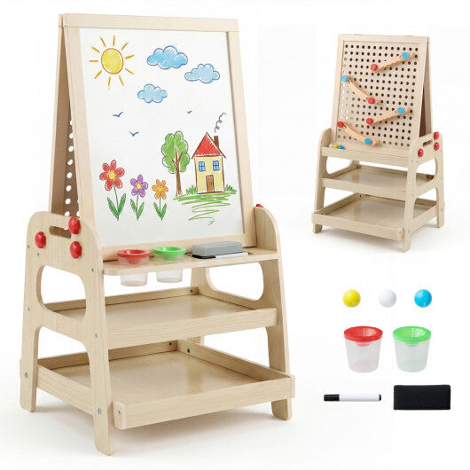 2-in-1 Kids Art Easel with Magnetic Whiteboard and Marble Run Game-Natural W2B