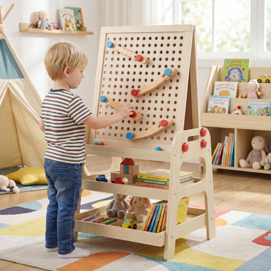 2-in-1 Kids Art Easel with Magnetic Whiteboard and Marble Run Game-Natural W2B