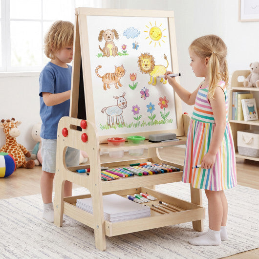 2-in-1 Kids Art Easel with Magnetic Whiteboard and Marble Run Game-Natural W2B