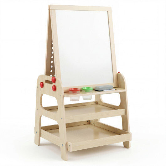 2-in-1 Kids Art Easel with Magnetic Whiteboard and Marble Run Game-Natural W2B