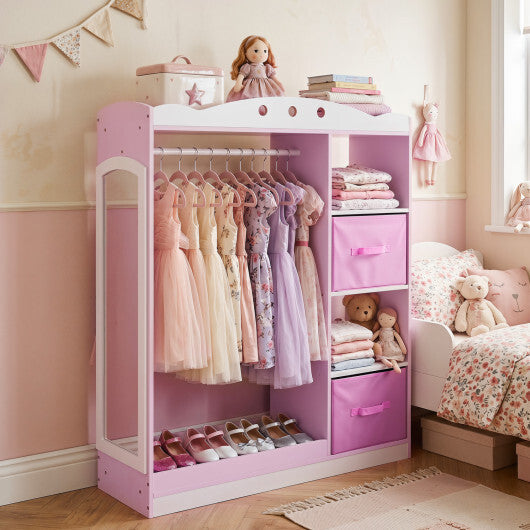 Kids Dress Up Storage with Full Length Mirror and Open Shelves-Pink W2B
