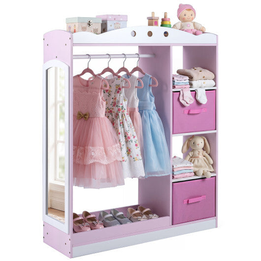 Kids Dress Up Storage with Full Length Mirror and Open Shelves-Pink W2B