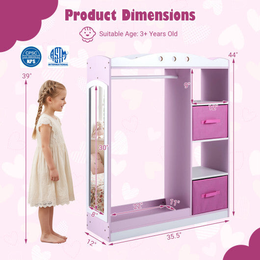 Kids Dress Up Storage with Full Length Mirror and Open Shelves-Pink W2B