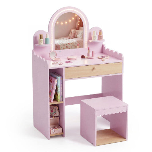 Pretend Makeup Dressing Table Set with 2 Small Shelves and Compartments-Pink W2B