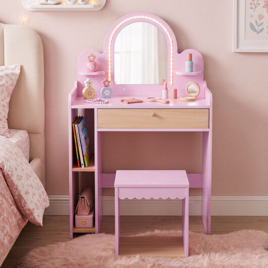 Pretend Makeup Dressing Table Set with 2 Small Shelves and Compartments-Pink W2B
