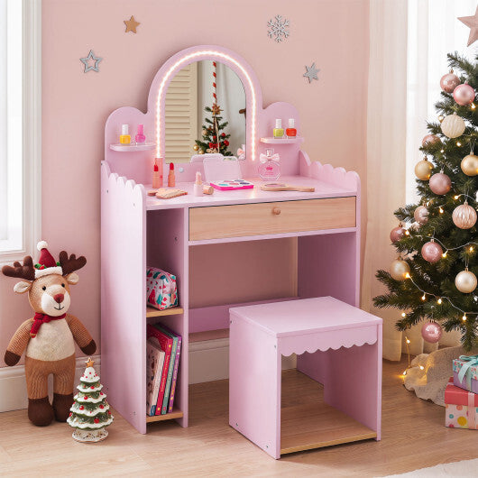 Pretend Makeup Dressing Table Set with 2 Small Shelves and Compartments-Pink W2B