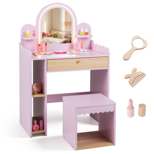 Pretend Makeup Dressing Table Set with 2 Small Shelves and Compartments-Pink W2B
