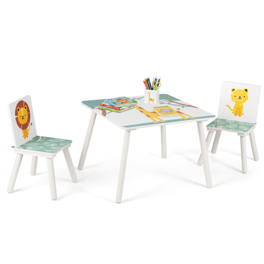 3 Pieces Kids Table and Chairs Set with Animal Patterns for Aged 3-6 Years Old W2B
