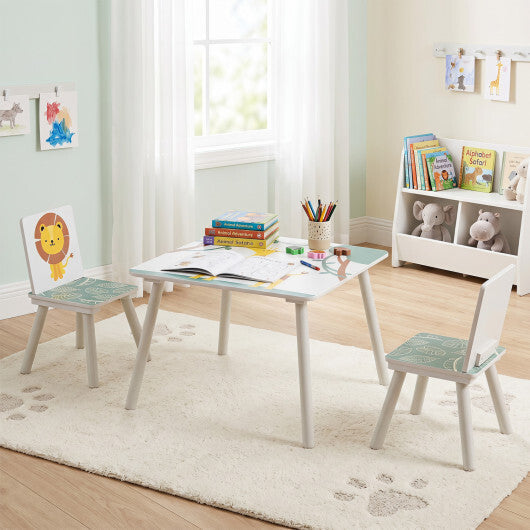 3 Pieces Kids Table and Chairs Set with Animal Patterns for Aged 3-6 Years Old W2B
