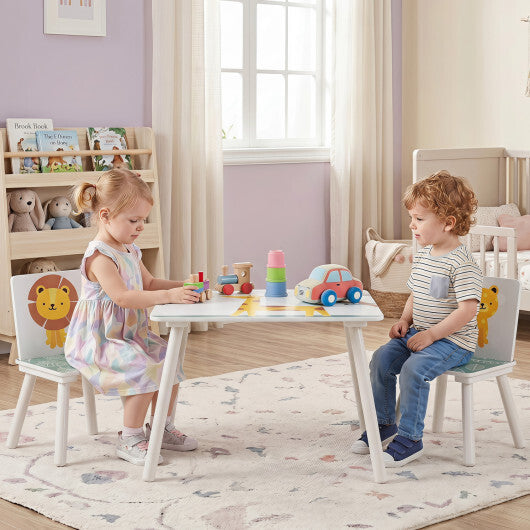 3 Pieces Kids Table and Chairs Set with Animal Patterns for Aged 3-6 Years Old W2B