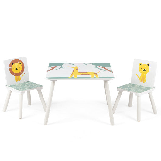 3 Pieces Kids Table and Chairs Set with Animal Patterns for Aged 3-6 Years Old W2B