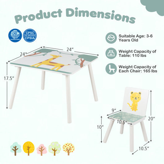 3 Pieces Kids Table and Chairs Set with Animal Patterns for Aged 3-6 Years Old W2B