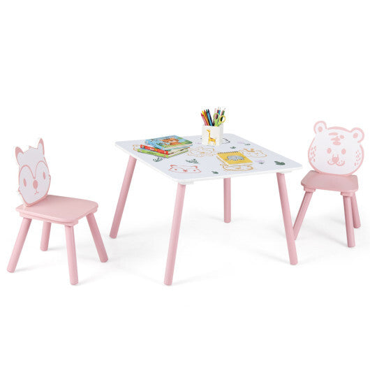 3 Pieces Kids Table and Chairs Set with Animal Patterns for Kids W2B