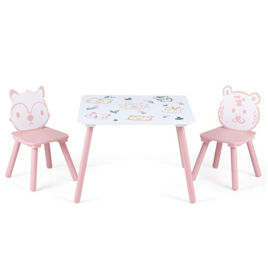 3 Pieces Kids Table and Chairs Set with Animal Patterns for Kids W2B