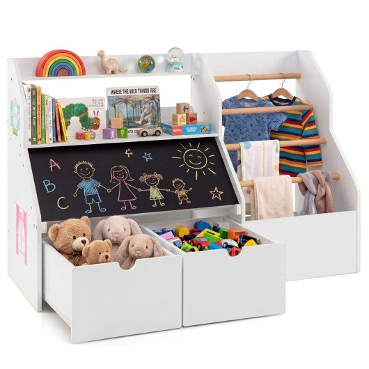 Kids Toy Storage Organizer with Flip-up Blackboard-White W2B