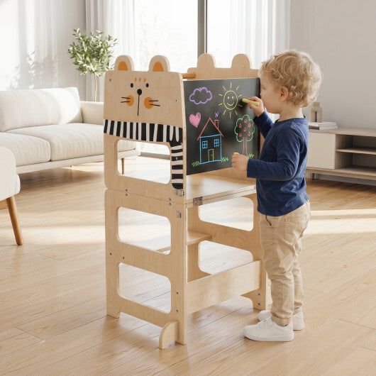 3-in-1 Wooden Kids Toddler Kitchen Step Stool with Blackboard-Black&White W2B