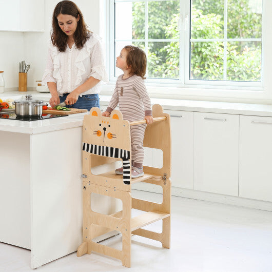 3-in-1 Wooden Kids Toddler Kitchen Step Stool with Blackboard-Black&White W2B