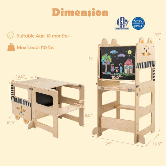 3-in-1 Wooden Kids Toddler Kitchen Step Stool with Blackboard-Black&White W2B