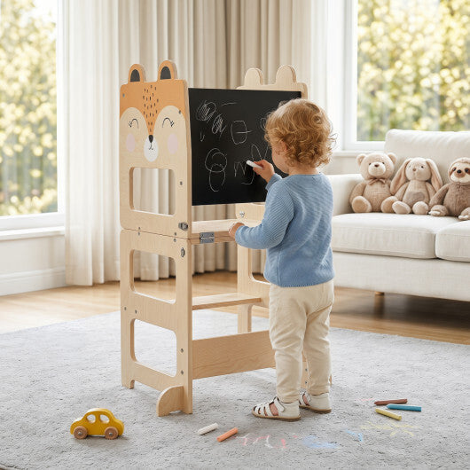 3-in-1 Wooden Kids Toddler Kitchen Step Stool with Blackboard-Black&White W2B