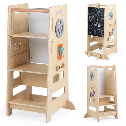 Toddler Standing Tower with Adjustable Height and Blackboard-Natural W2B