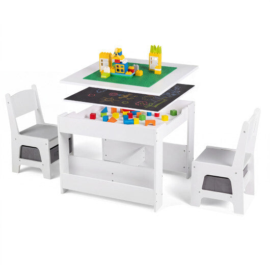 4 in 1 Kids Table and Chairs with Building Blocks and Bookshelves-Grey W2B