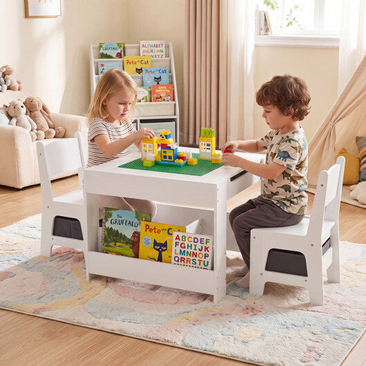 4 in 1 Kids Table and Chairs with Building Blocks and Bookshelves-Grey W2B