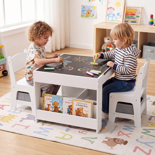 4 in 1 Kids Table and Chairs with Building Blocks and Bookshelves-Grey W2B