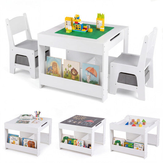 4 in 1 Kids Table and Chairs with Building Blocks and Bookshelves-Grey W2B