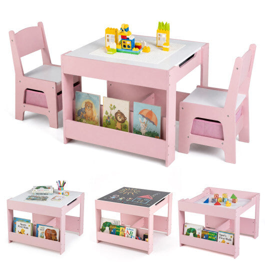 4 in 1 Kids Table and Chairs with Building Blocks and Bookshelves-Grey W2B