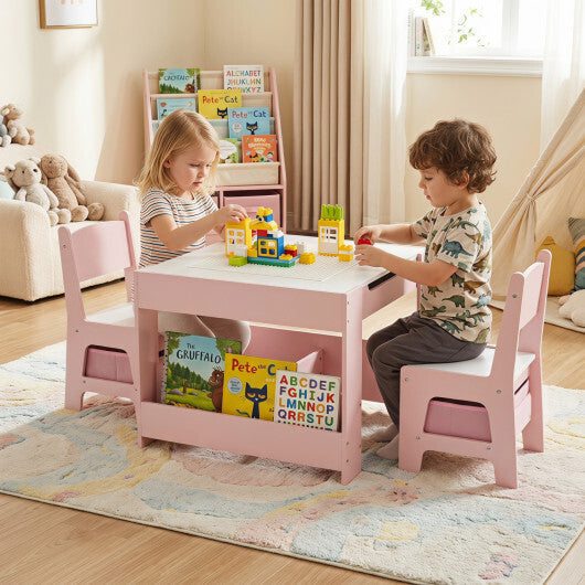 4 in 1 Kids Table and Chairs with Building Blocks and Bookshelves-Grey W2B