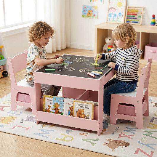 4 in 1 Kids Table and Chairs with Building Blocks and Bookshelves-Grey W2B