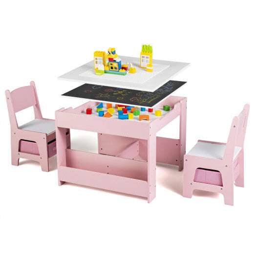4 in 1 Kids Table and Chairs with Building Blocks and Bookshelves-Grey W2B