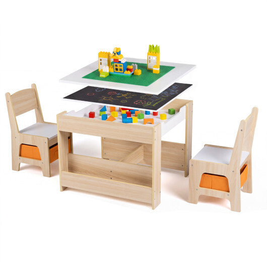 4 in 1 Kids Table and Chairs with Building Blocks and Bookshelves-Grey W2B