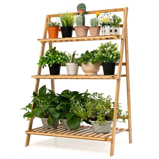 3-Tier Bamboo Foldable Plant Stand with Display Shelf Rack-Natural - Color: Natural W2B