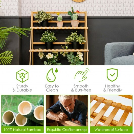 3-Tier Bamboo Foldable Plant Stand with Display Shelf Rack-Natural - Color: Natural W2B