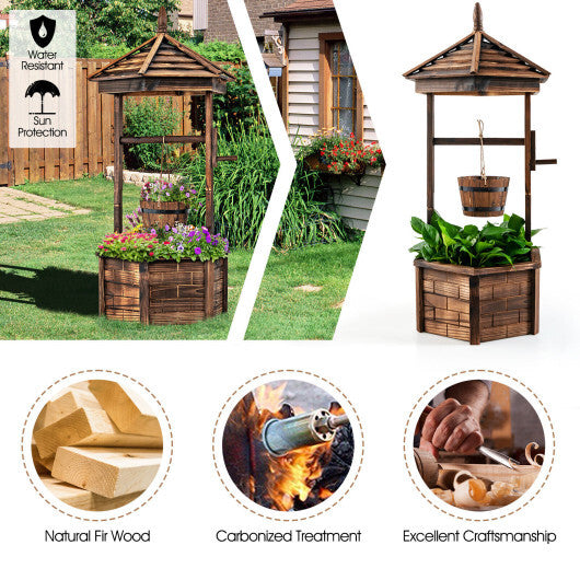 Rustic Wooden Wishing Well with Adjustable Hanging Bucket-Brown - Color: Brown W2B