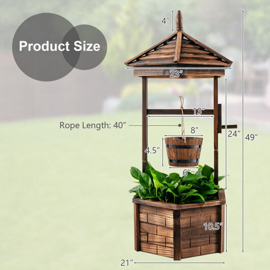 Rustic Wooden Wishing Well with Adjustable Hanging Bucket-Brown - Color: Brown W2B