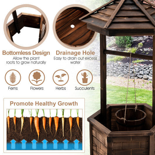 Rustic Wooden Wishing Well with Adjustable Hanging Bucket-Brown - Color: Brown W2B