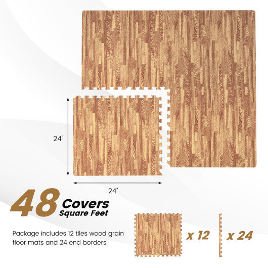 12 Tiles Wood Grain Foam Floor Mats with Borders W2B