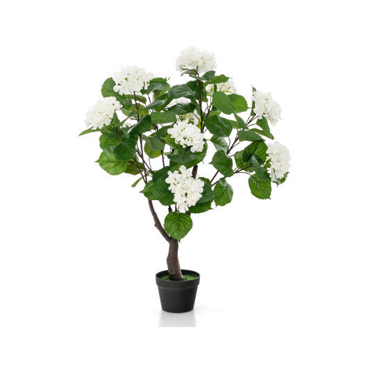 Artificial Hydrangea Tree Fake Floral Plant with 11 White Flowers-White