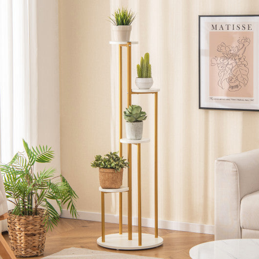 Indoor Metal Plant Stand Corner Plant Shelf for Potted Plant with Golden Metal Frame-White W2B