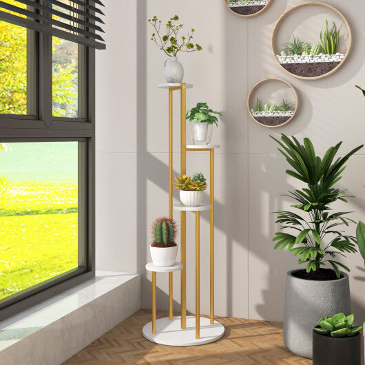 Indoor Metal Plant Stand Corner Plant Shelf for Potted Plant with Golden Metal Frame-White W2B