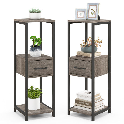 2 Pack 3 Tier Tall Metal Plant Stand with Drawer and Display Shelf-Gray W2B