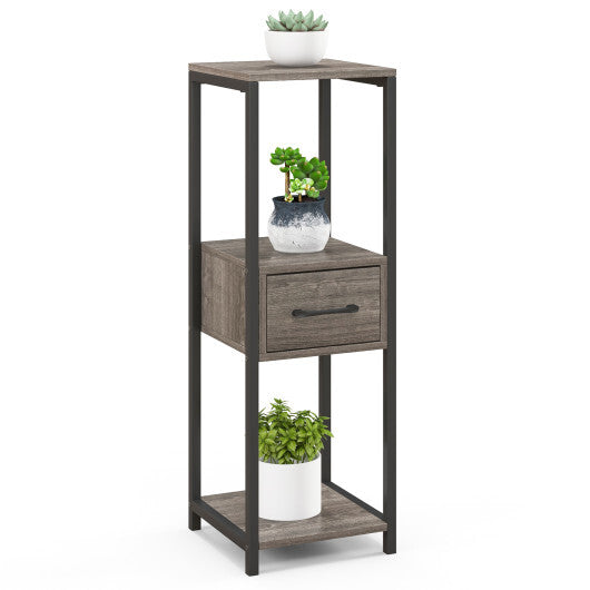 3 Tier Tall Metal Plant Stand with Drawer for Balcony Office-Gray W2B