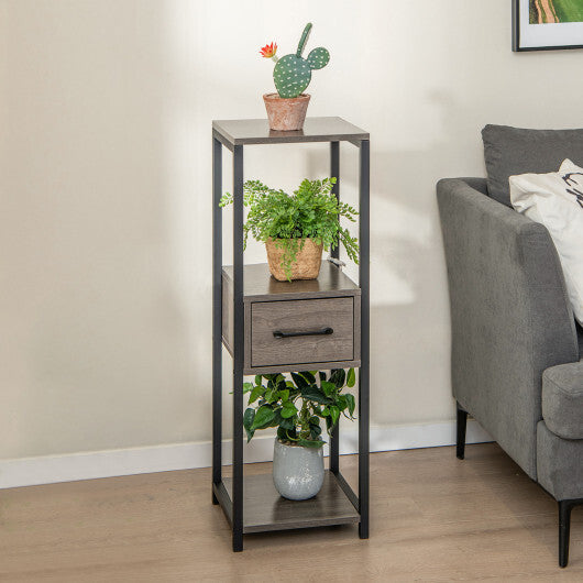 3 Tier Tall Metal Plant Stand with Drawer for Balcony Office-Gray W2B